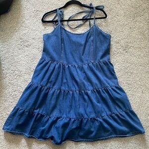 Tired Dark Wash Denim Swing Dress with Adjustable Tie Straps Plus Size